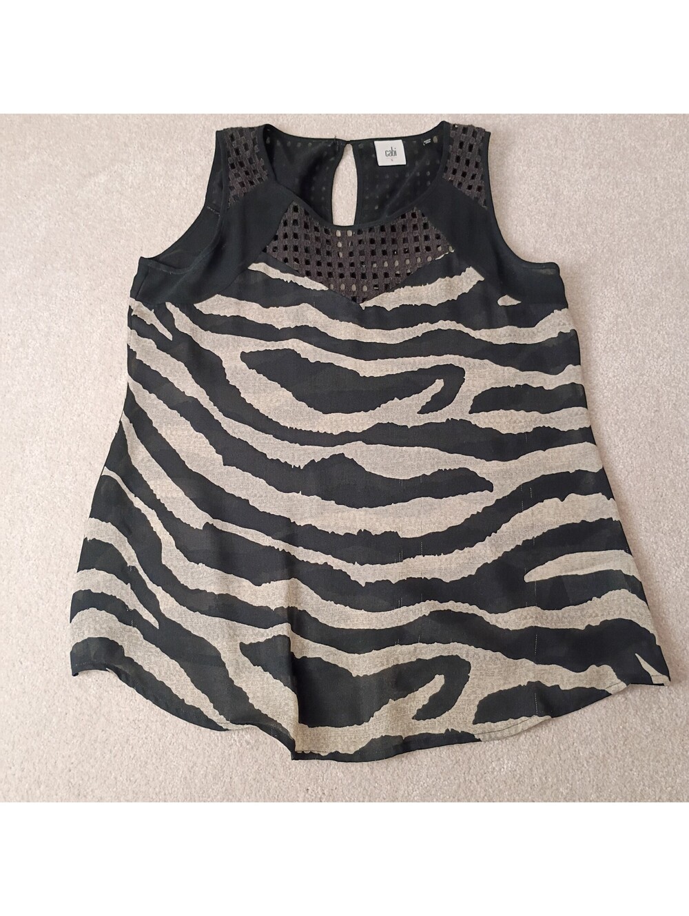 Cabi Womens Zebra Stripe Abstract Sleeveless Tank Top S Chiffon Crochet Trim